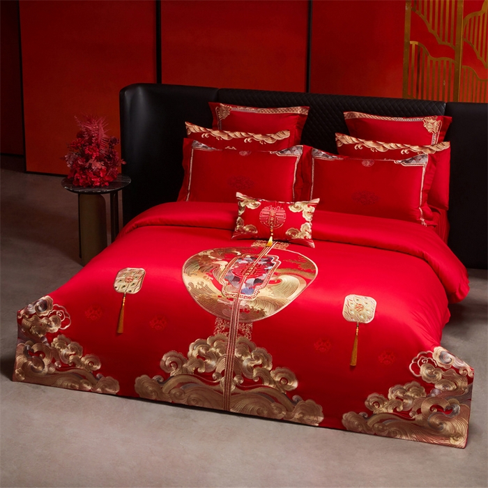 91家纺网 家纺一手货源 找家纺 宏羽纺家纺 2025新款高支高密全棉提花新中式婚庆多件套 高支高密听澜同心-金