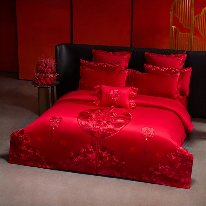 91家纺网 家纺一手货源 找家纺 宏羽纺家纺 2025新款高支高密全棉提花新中式婚庆多件套 高支高密听澜同心-红