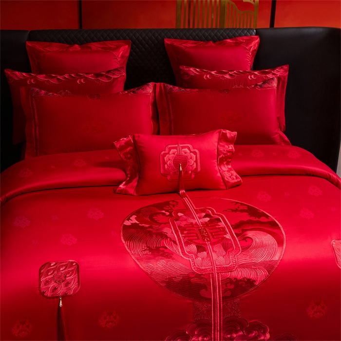91家纺网 家纺一手货源 找家纺 宏羽纺家纺 2025新款高支高密全棉提花新中式婚庆多件套 高支高密听澜同心-红