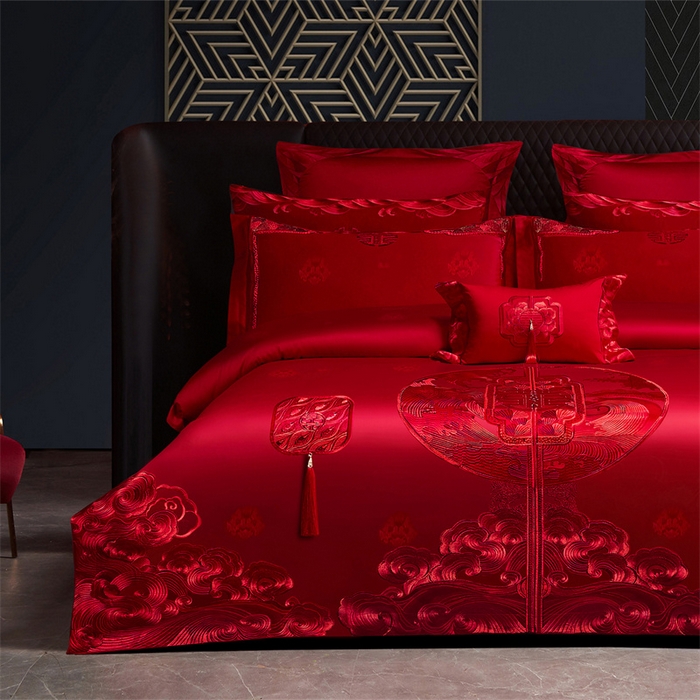 91家纺网 家纺一手货源 找家纺 宏羽纺家纺 2025新款高支高密全棉提花新中式婚庆多件套 高支高密听澜同心-红