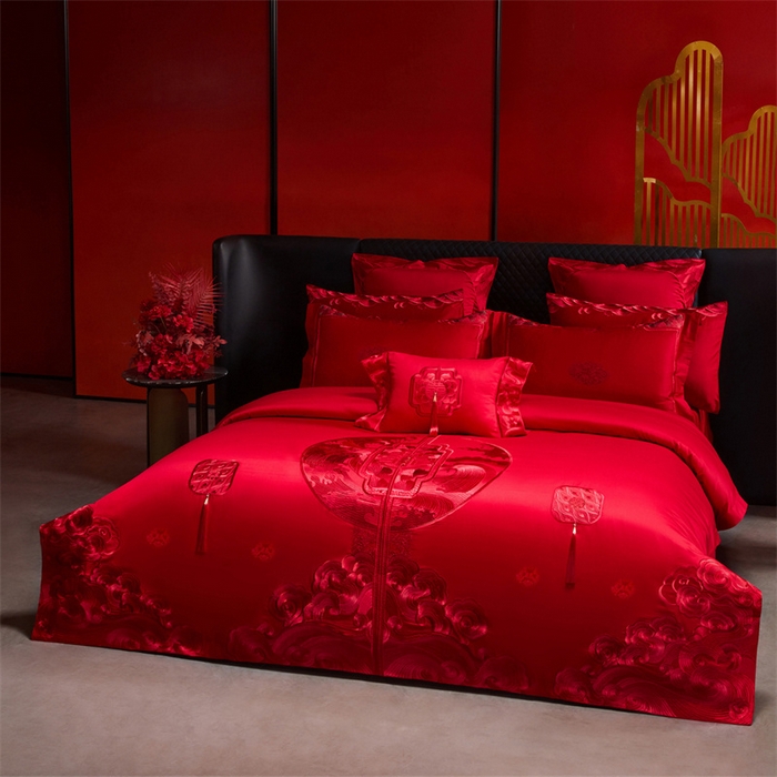 91家纺网 家纺一手货源 找家纺 宏羽纺家纺 2025新款高支高密全棉提花新中式婚庆多件套 高支高密听澜同心-红