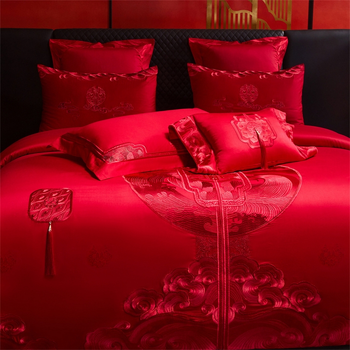 91家纺网 家纺一手货源 找家纺 宏羽纺家纺 2025新款高支高密全棉提花新中式婚庆多件套 高支高密听澜同心-红