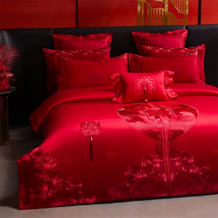 91家纺网 家纺一手货源 找家纺 宏羽纺家纺 2025新款高支高密全棉提花新中式婚庆多件套 高支高密听澜同心-红