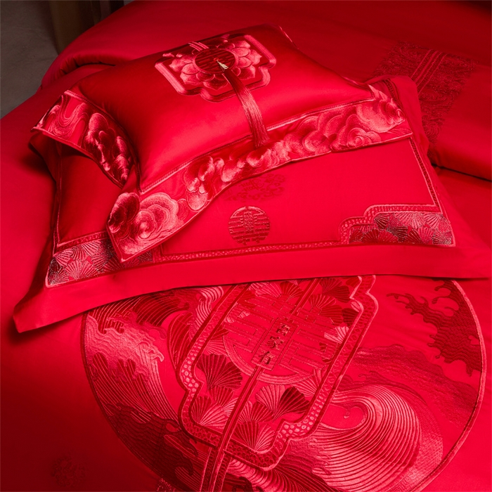 91家纺网 家纺一手货源 找家纺 宏羽纺家纺 2025新款高支高密全棉提花新中式婚庆多件套 高支高密听澜同心-红