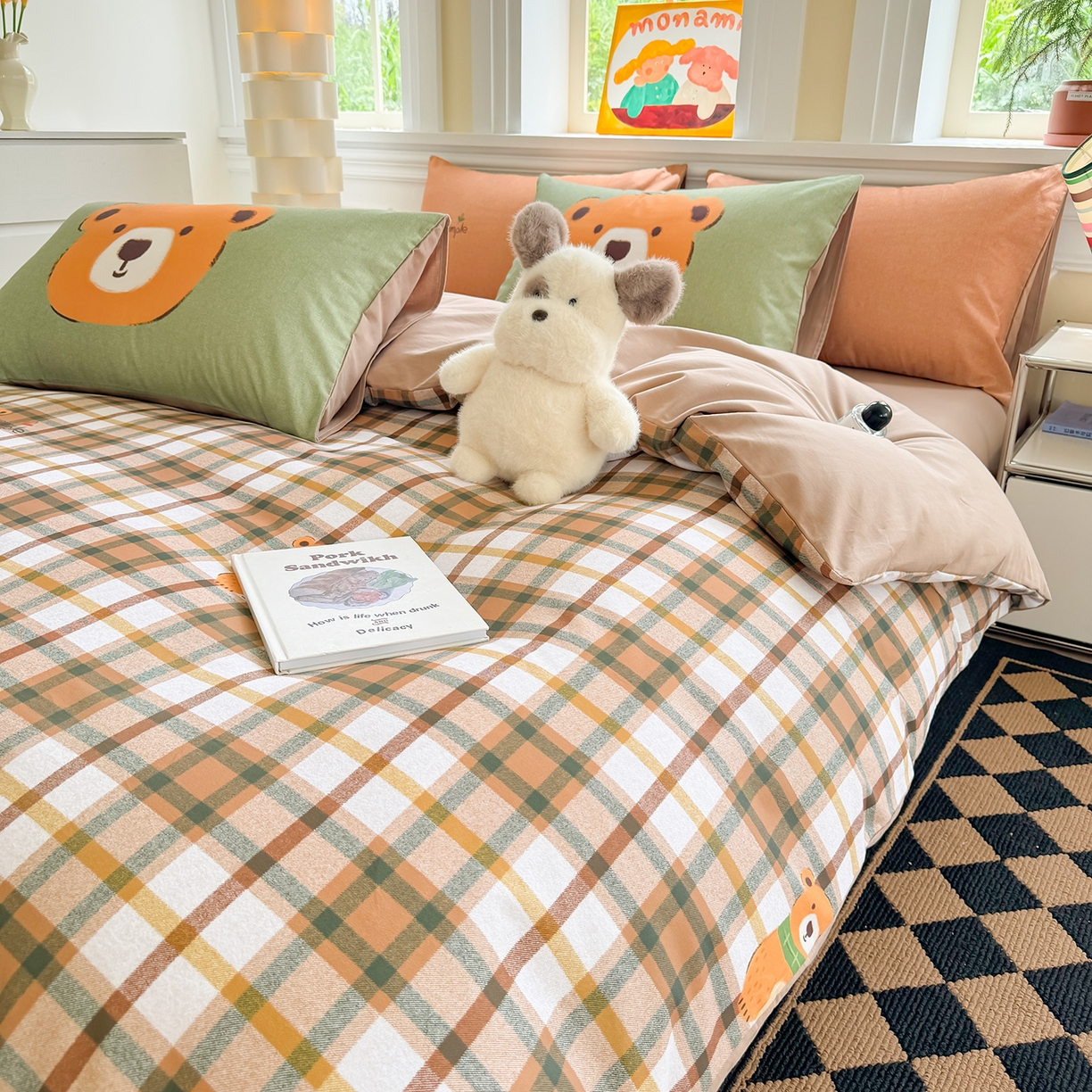 91家纺网 家纺一手货源 找家纺 千朵 2025新款全棉磨毛印花四件套 憨憨熊