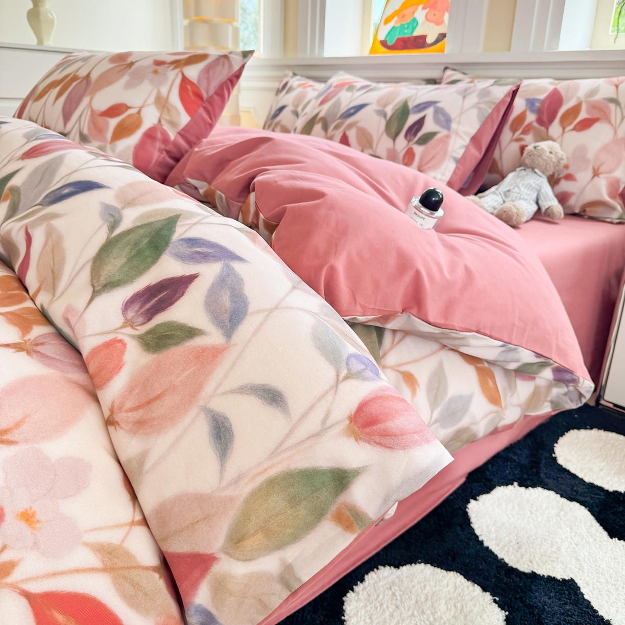 91家纺网 家纺一手货源 找家纺 千朵 2025新款全棉磨毛印花四件套 景秋红