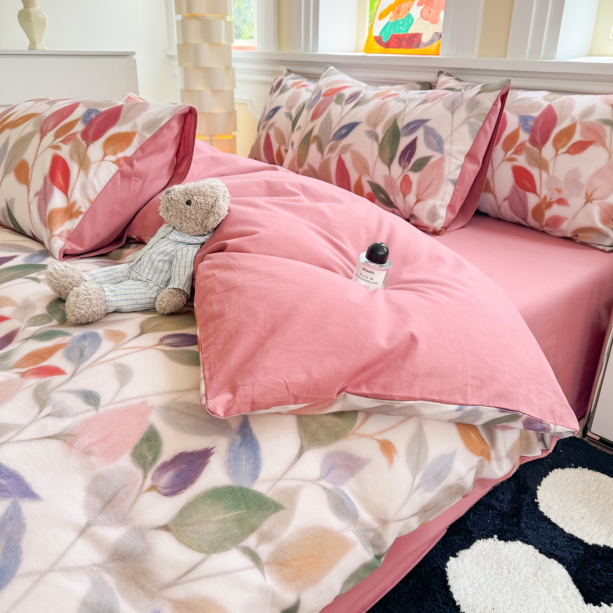 91家纺网 家纺一手货源 找家纺 千朵 2025新款全棉磨毛印花四件套 景秋红