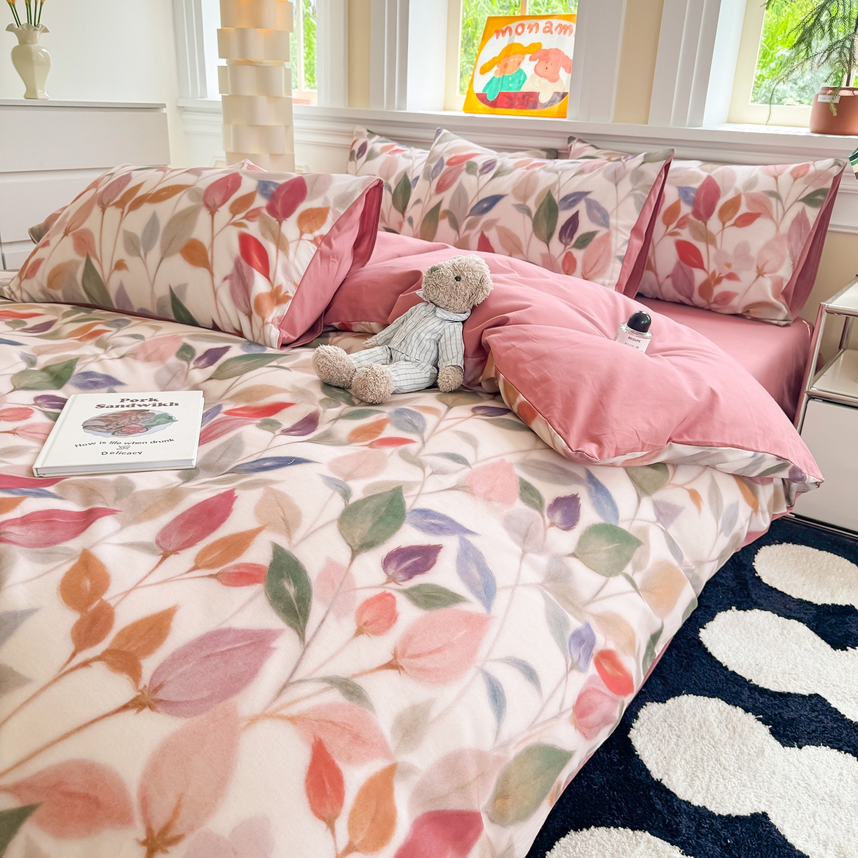 91家纺网 家纺一手货源 找家纺 千朵 2025新款全棉磨毛印花四件套 景秋红