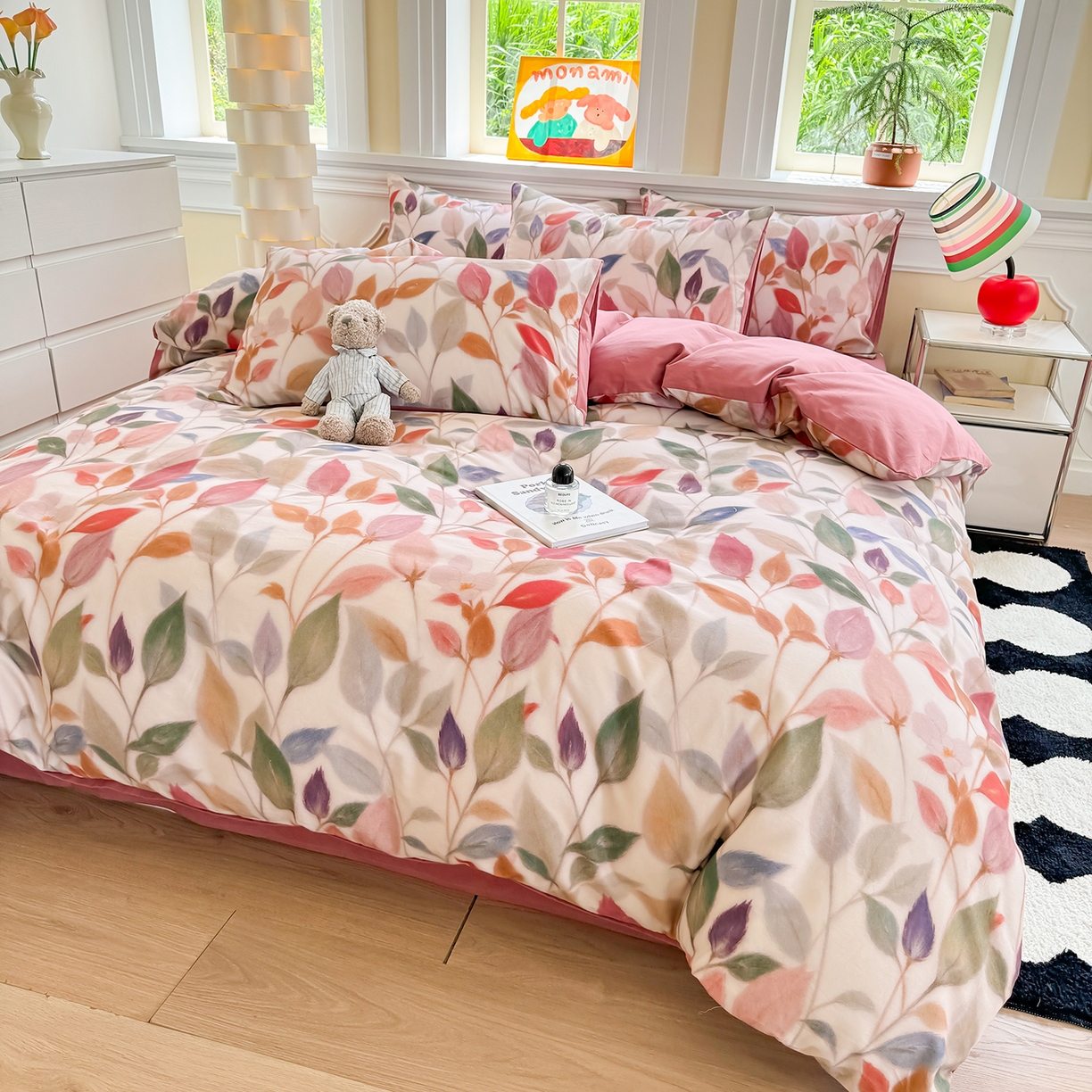 91家纺网 家纺一手货源 找家纺 千朵 2025新款全棉磨毛印花四件套 景秋红