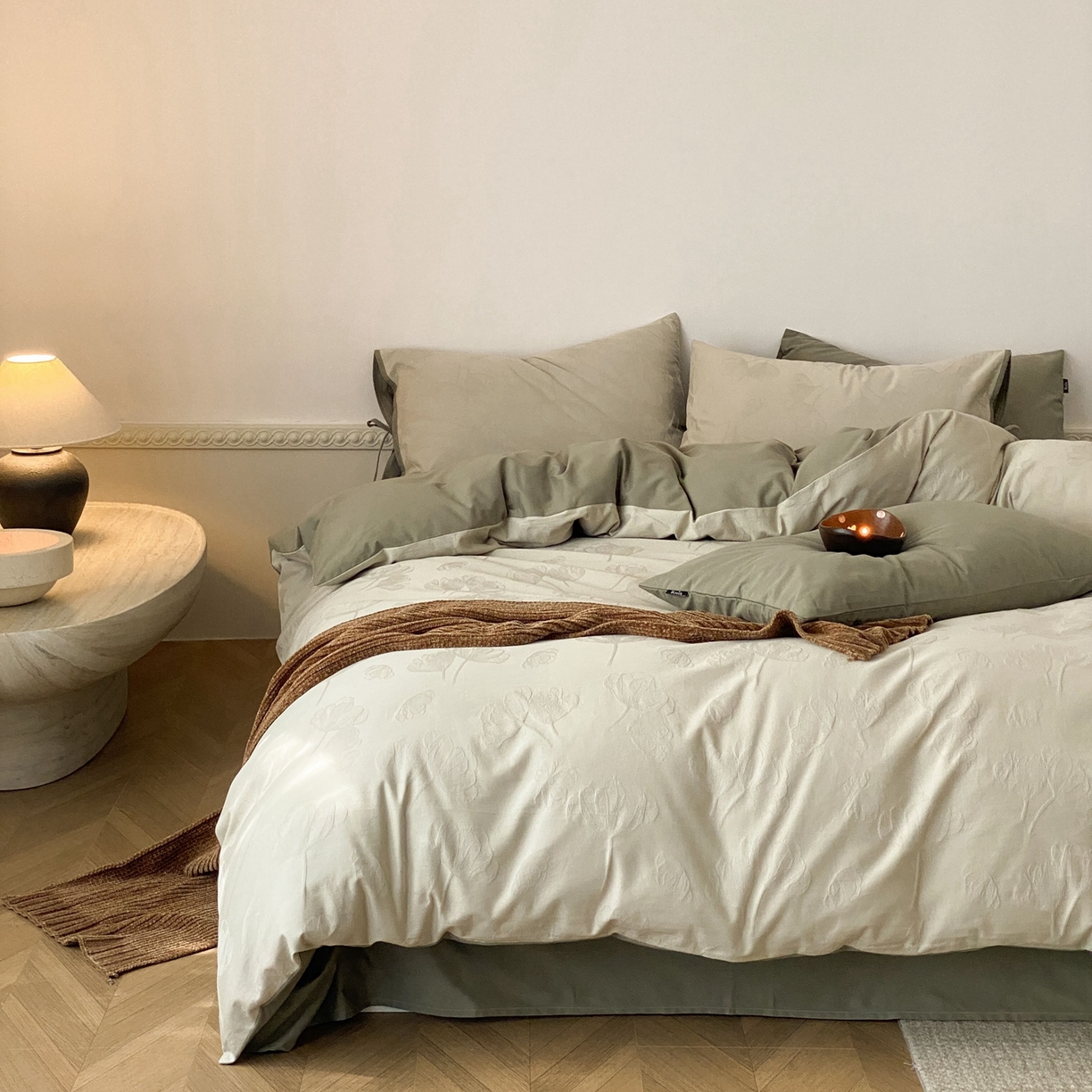 玉宇阁家居 2025秋冬新品60s色织全棉磨毛大提花四件套-绑带款 绑带款-芊芊绿雪