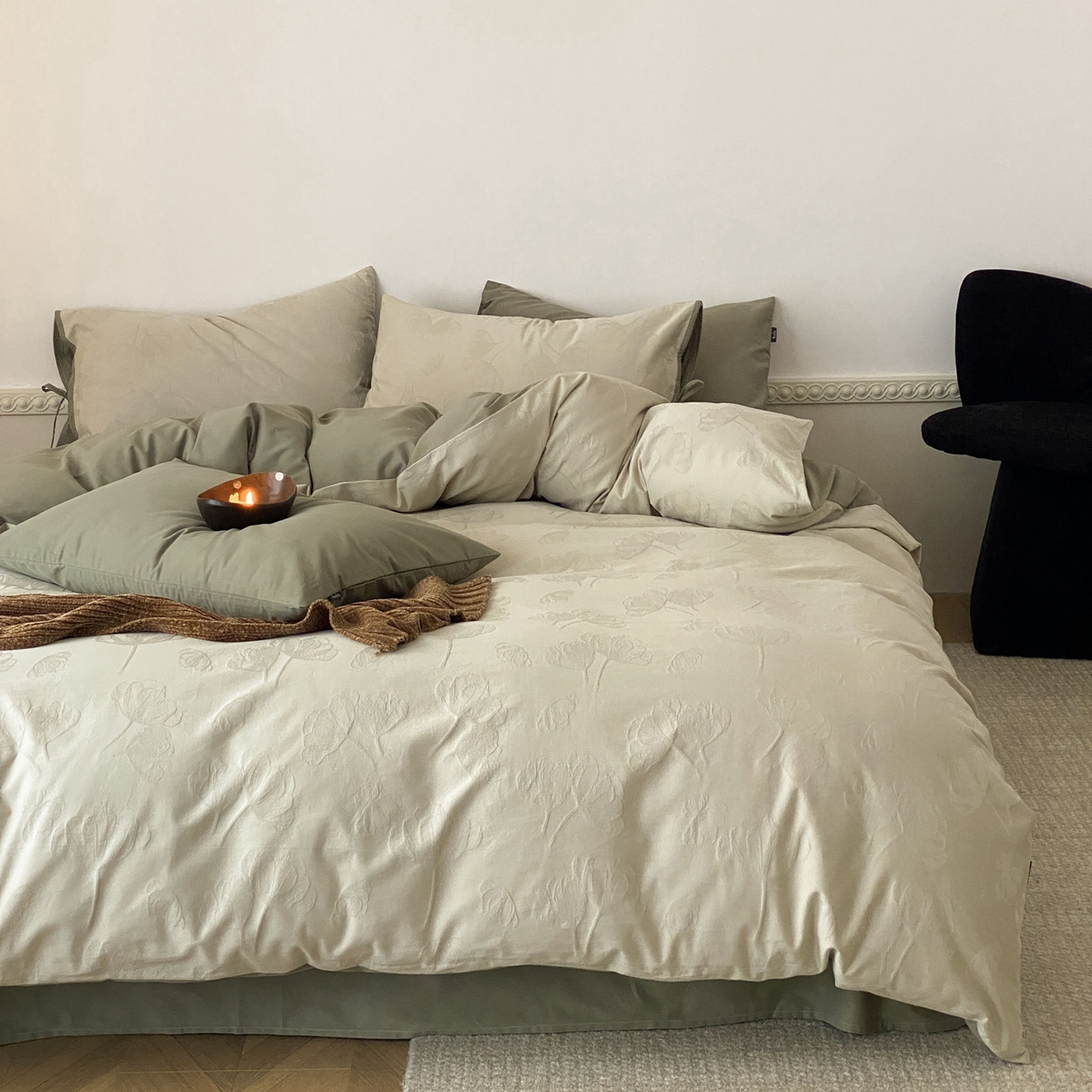 91家纺网 家纺一手货源 找家纺 玉宇阁家居 2025秋冬新品60s色织全棉磨毛大提花四件套-绑带款 绑带款-芊芊绿雪