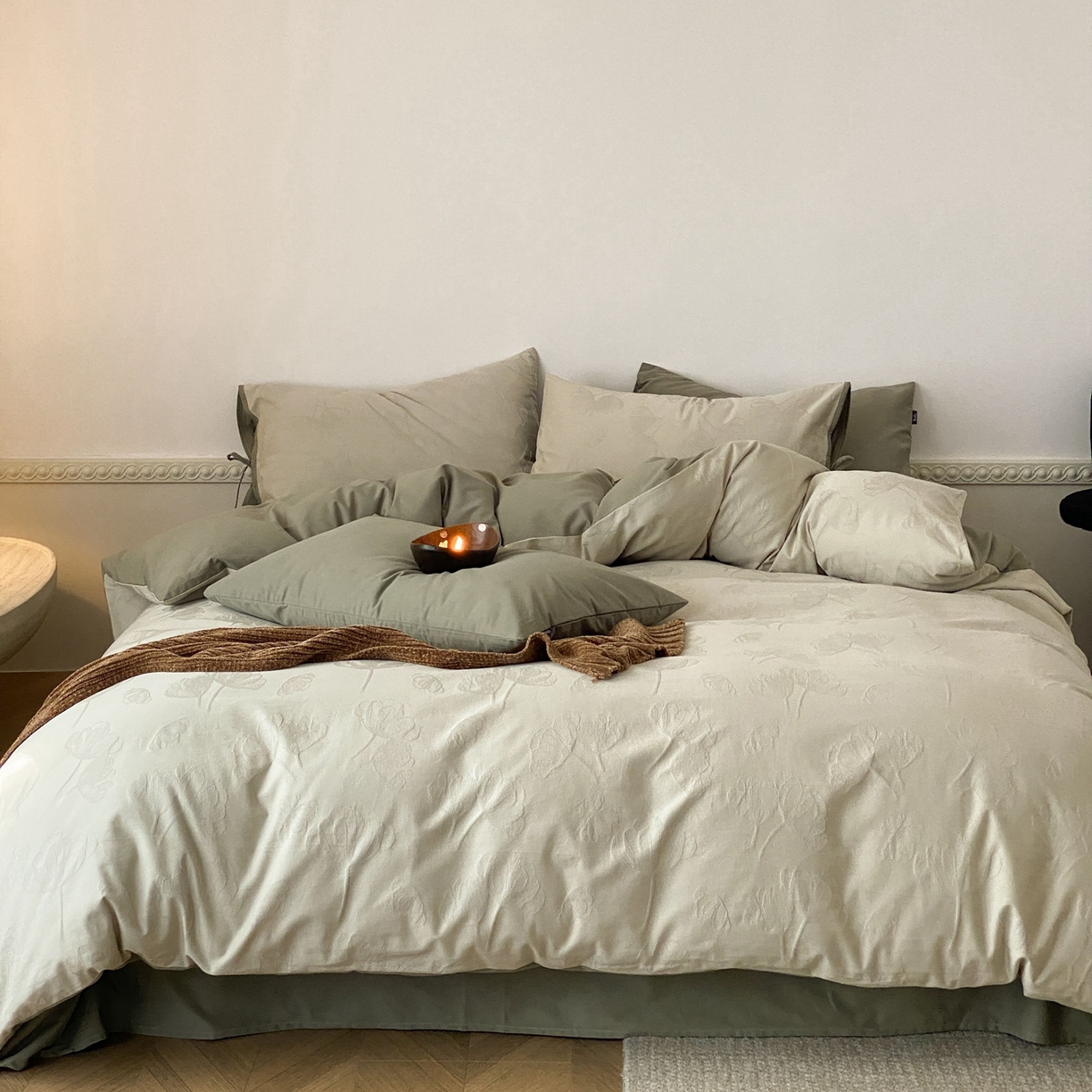 91家纺网 家纺一手货源 找家纺 玉宇阁家居 2025秋冬新品60s色织全棉磨毛大提花四件套-绑带款 绑带款-芊芊绿雪