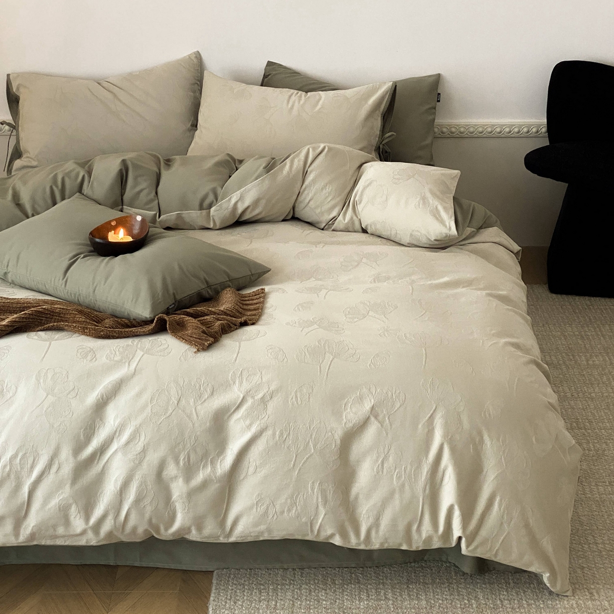 91家纺网 家纺一手货源 找家纺 玉宇阁家居 2025秋冬新品60s色织全棉磨毛大提花四件套-绑带款 绑带款-芊芊绿雪