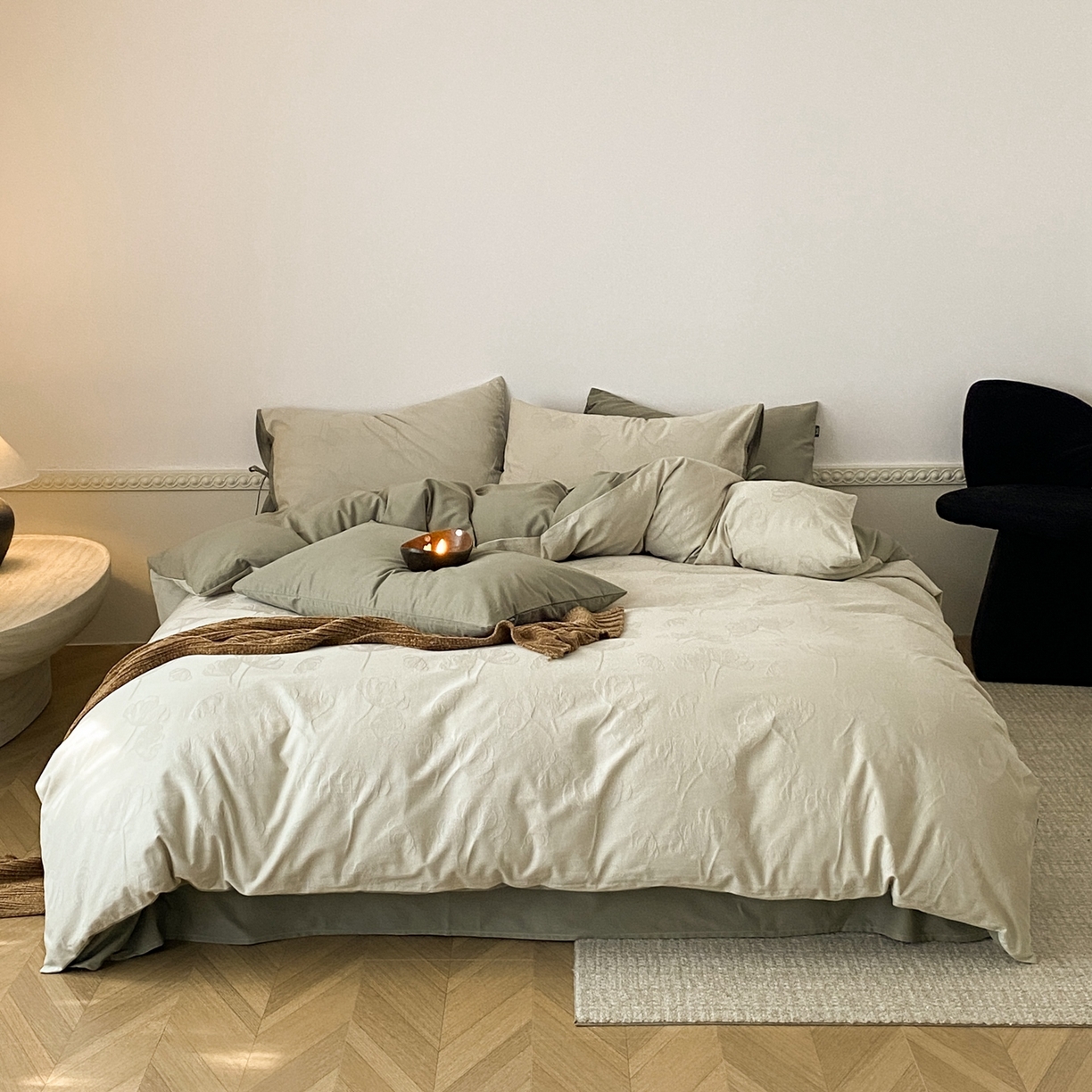 91家纺网 家纺一手货源 找家纺 玉宇阁家居 2025秋冬新品60s色织全棉磨毛大提花四件套-绑带款 绑带款-芊芊绿雪