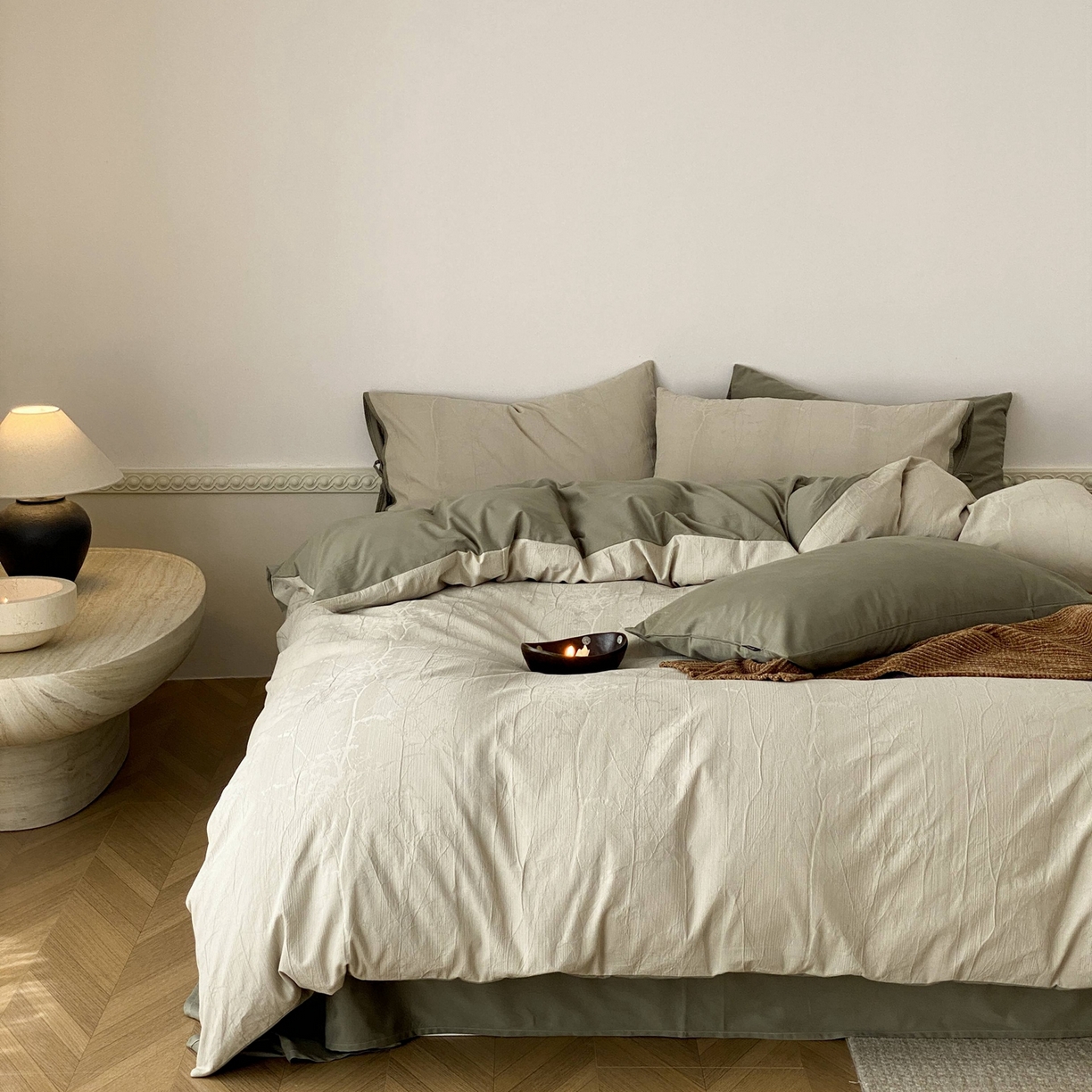 91家纺网 家纺一手货源 找家纺 玉宇阁家居 2025秋冬新品60s色织全棉磨毛大提花四件套-绑带款 绑带款-青白玉