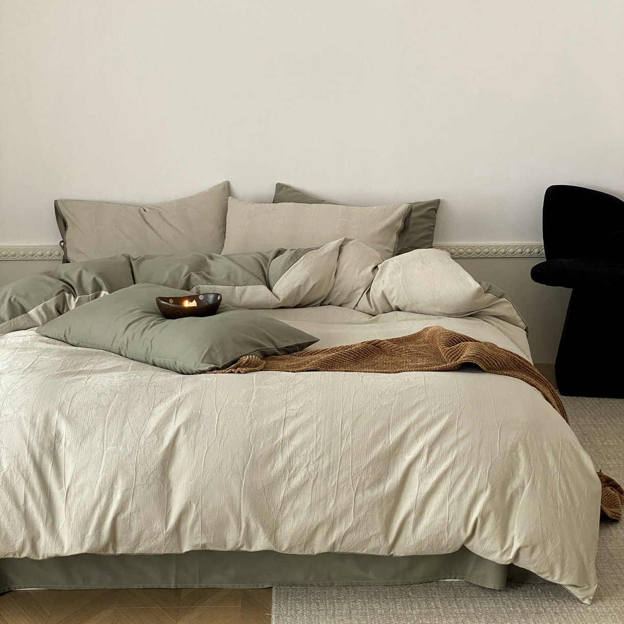 91家纺网 家纺一手货源 找家纺 玉宇阁家居 2025秋冬新品60s色织全棉磨毛大提花四件套-绑带款 绑带款-青白玉