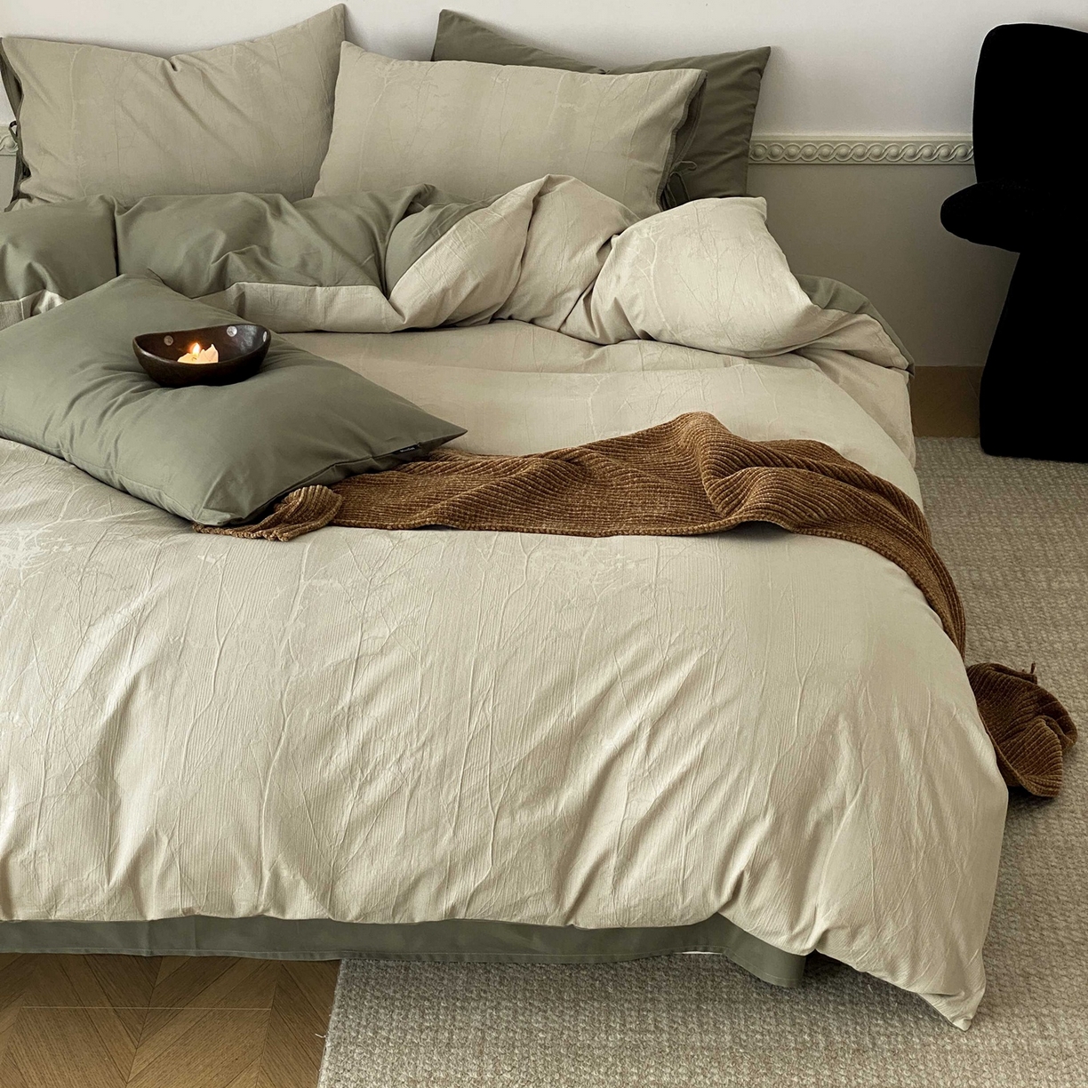 91家纺网 家纺一手货源 找家纺 玉宇阁家居 2025秋冬新品60s色织全棉磨毛大提花四件套-绑带款 绑带款-青白玉