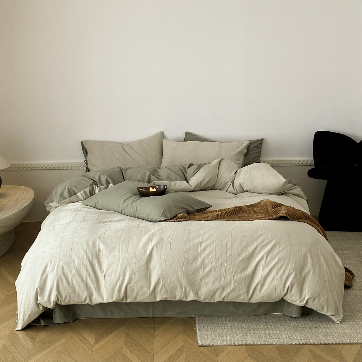 91家纺网 家纺一手货源 找家纺 玉宇阁家居 2025秋冬新品60s色织全棉磨毛大提花四件套-绑带款 绑带款-青白玉