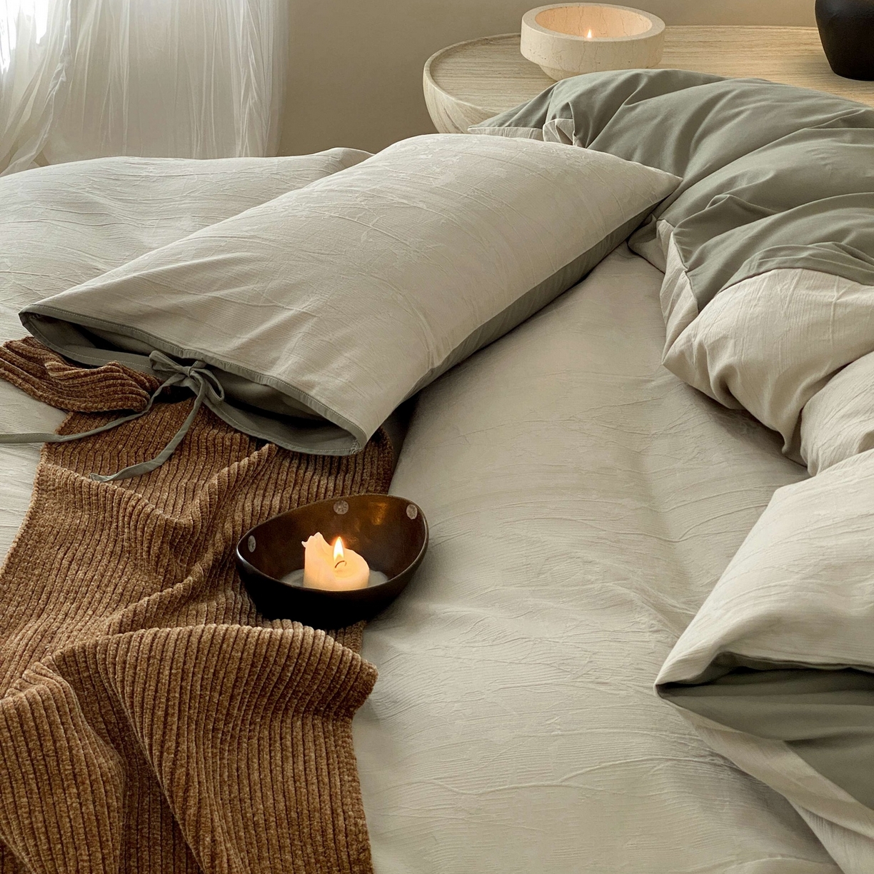 91家纺网 家纺一手货源 找家纺 玉宇阁家居 2025秋冬新品60s色织全棉磨毛大提花四件套-绑带款 绑带款-青白玉