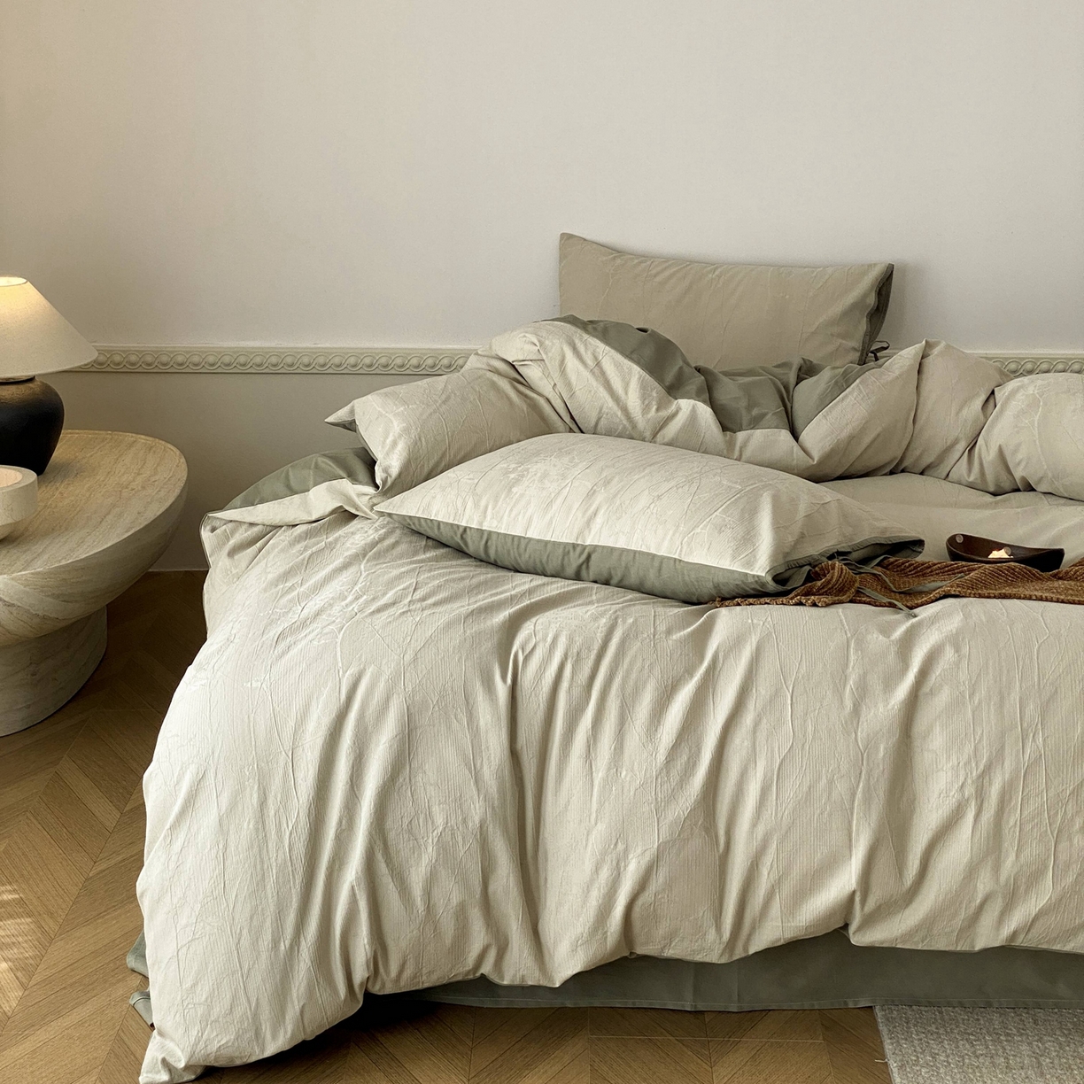 91家纺网 家纺一手货源 找家纺 玉宇阁家居 2025秋冬新品60s色织全棉磨毛大提花四件套-绑带款 绑带款-青白玉