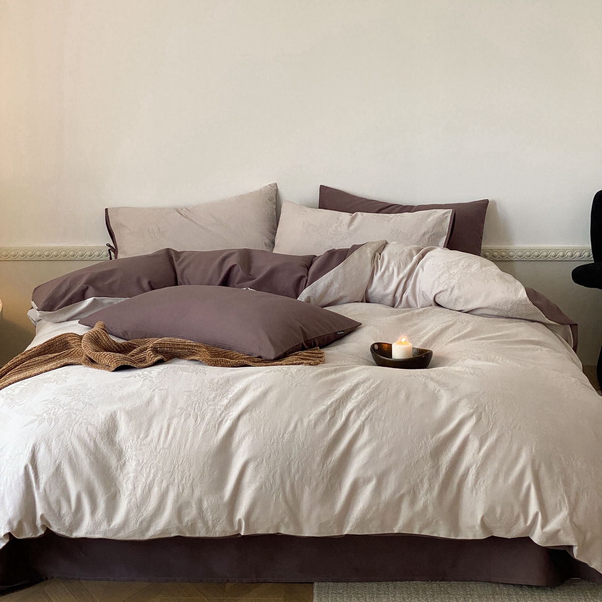 91家纺网 家纺一手货源 找家纺 玉宇阁家居 2025秋冬新品60s色织全棉磨毛大提花四件套-绑带款 绑带款-雾霭绛紫