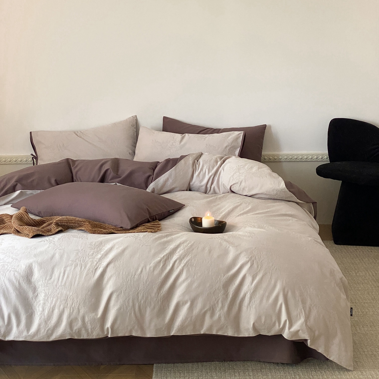 91家纺网 家纺一手货源 找家纺 玉宇阁家居 2025秋冬新品60s色织全棉磨毛大提花四件套-绑带款 绑带款-雾霭绛紫