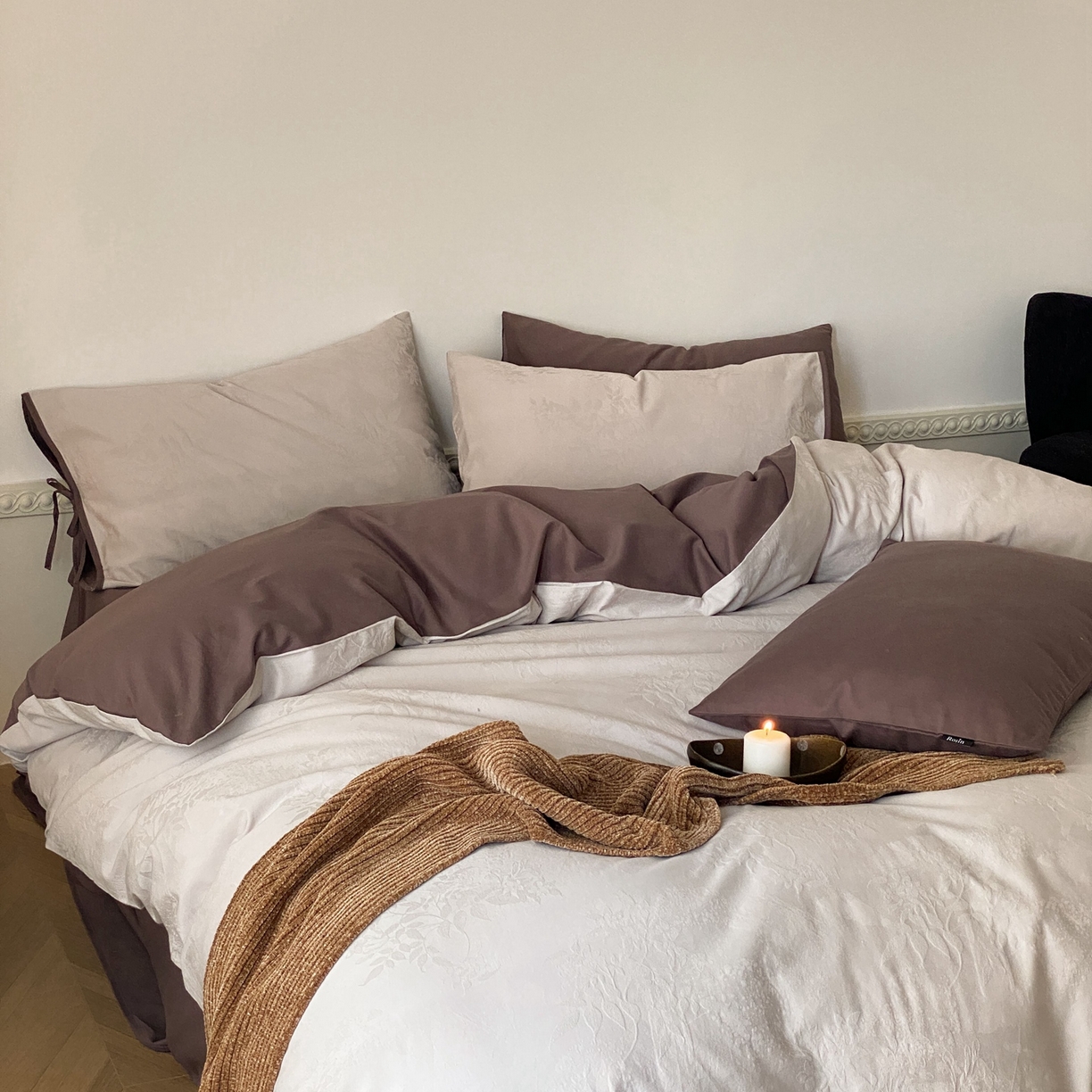 91家纺网 家纺一手货源 找家纺 玉宇阁家居 2025秋冬新品60s色织全棉磨毛大提花四件套-绑带款 绑带款-雾霭绛紫