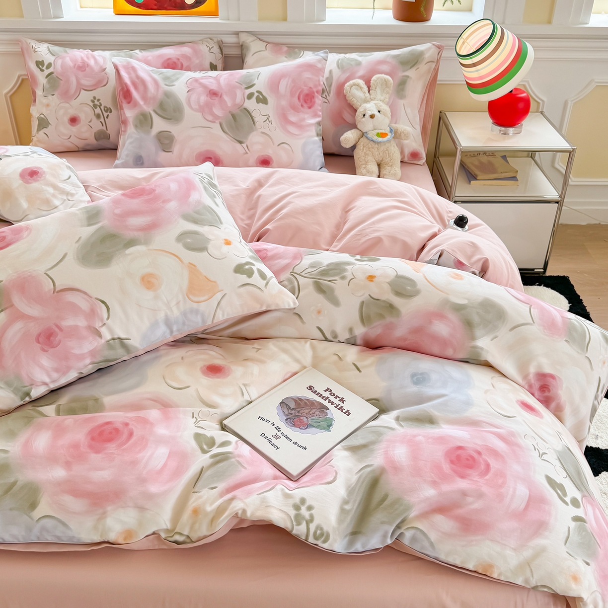 91家纺网 家纺一手货源 找家纺 千朵 2025新款全棉磨毛印花四件套 桃汐粉