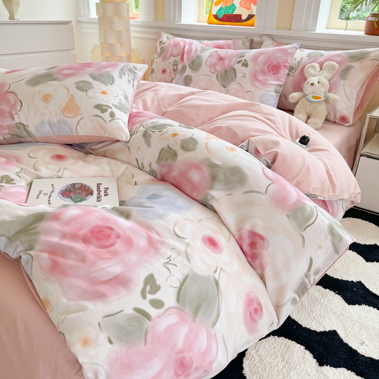 91家纺网 家纺一手货源 找家纺 千朵 2025新款全棉磨毛印花四件套 桃汐粉