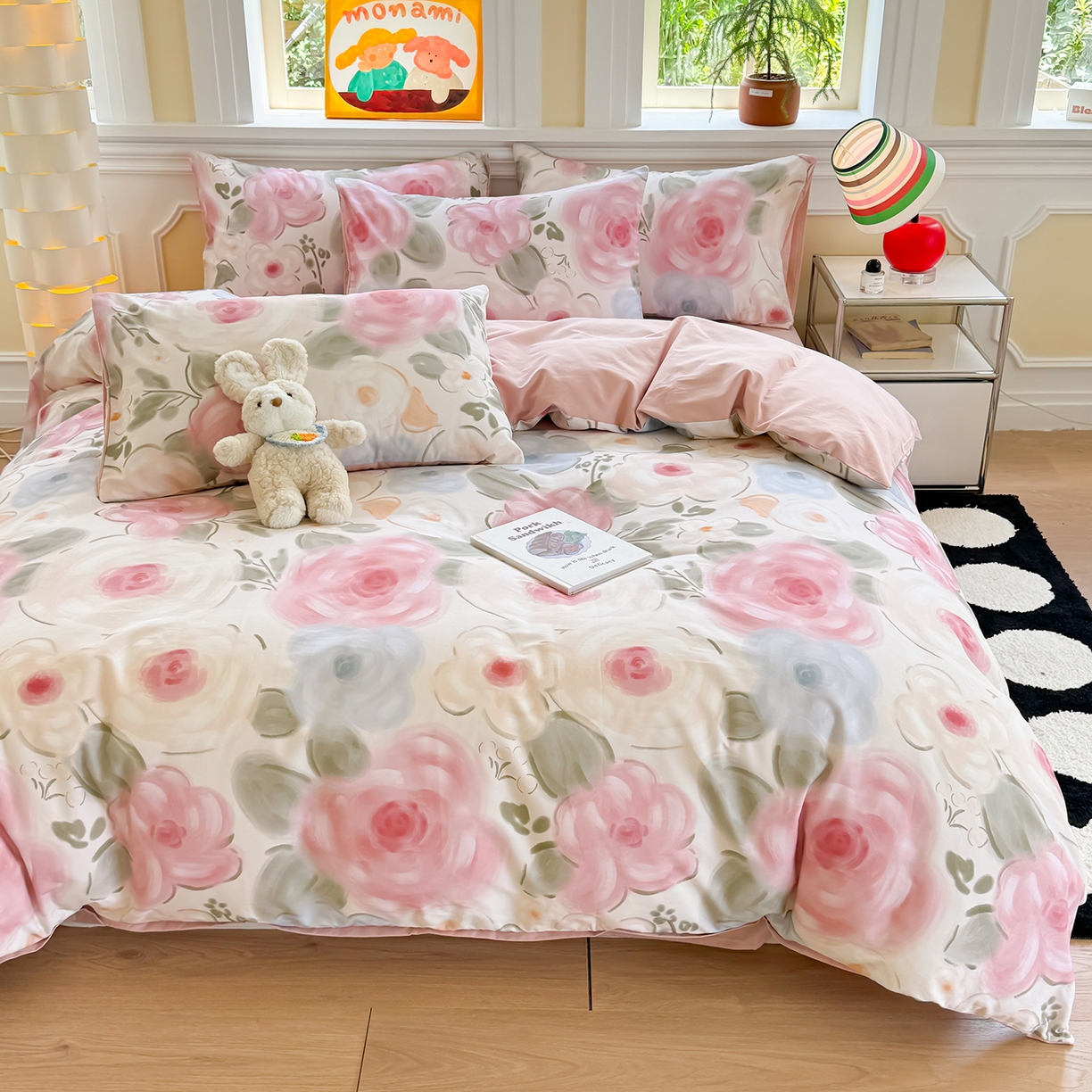 91家纺网 家纺一手货源 找家纺 千朵 2025新款全棉磨毛印花四件套 桃汐粉