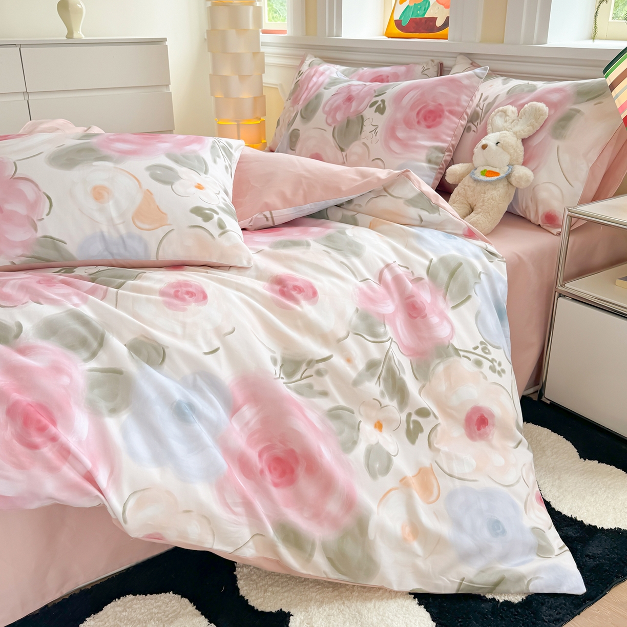 91家纺网 家纺一手货源 找家纺 千朵 2025新款全棉磨毛印花四件套 桃汐粉