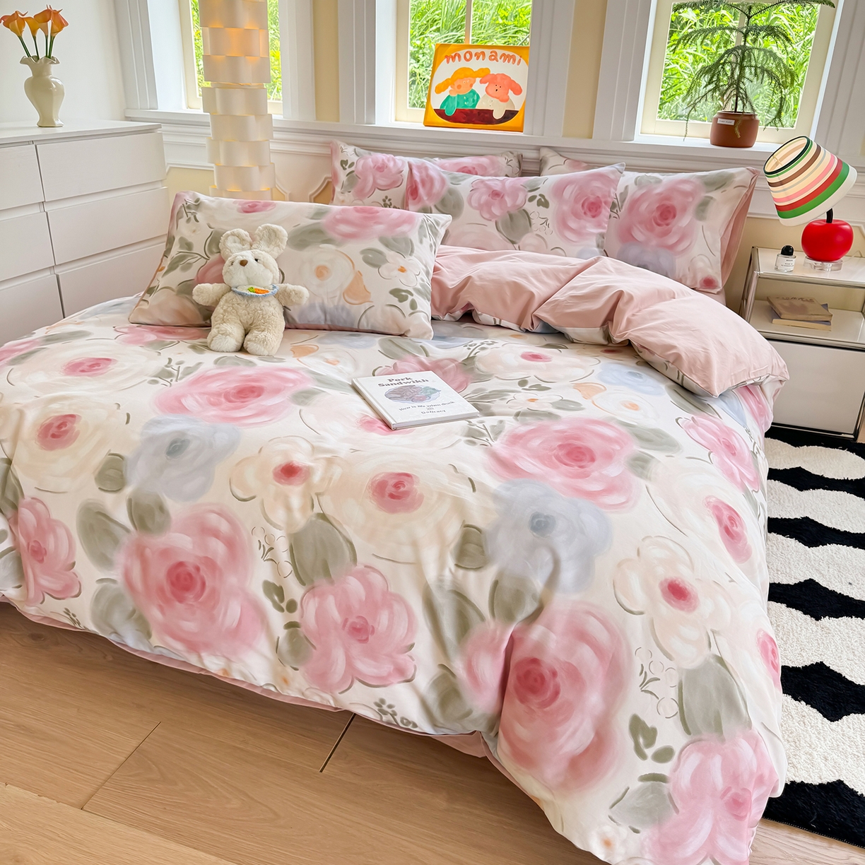 91家纺网 家纺一手货源 找家纺 千朵 2025新款全棉磨毛印花四件套 桃汐粉