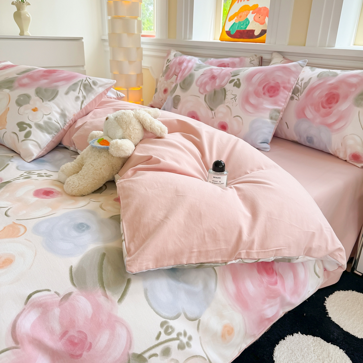 91家纺网 家纺一手货源 找家纺 千朵 2025新款全棉磨毛印花四件套 桃汐粉