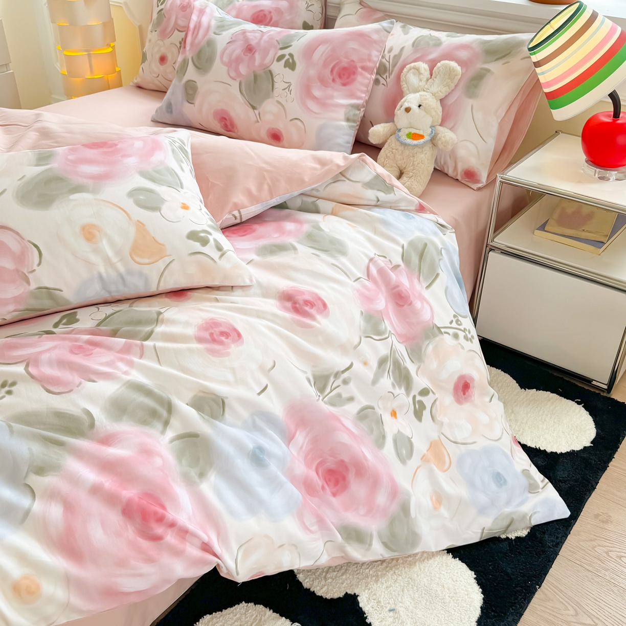 91家纺网 家纺一手货源 找家纺 千朵 2025新款全棉磨毛印花四件套 桃汐粉