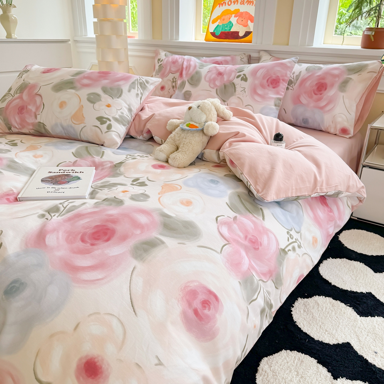 91家纺网 家纺一手货源 找家纺 千朵 2025新款全棉磨毛印花四件套 桃汐粉