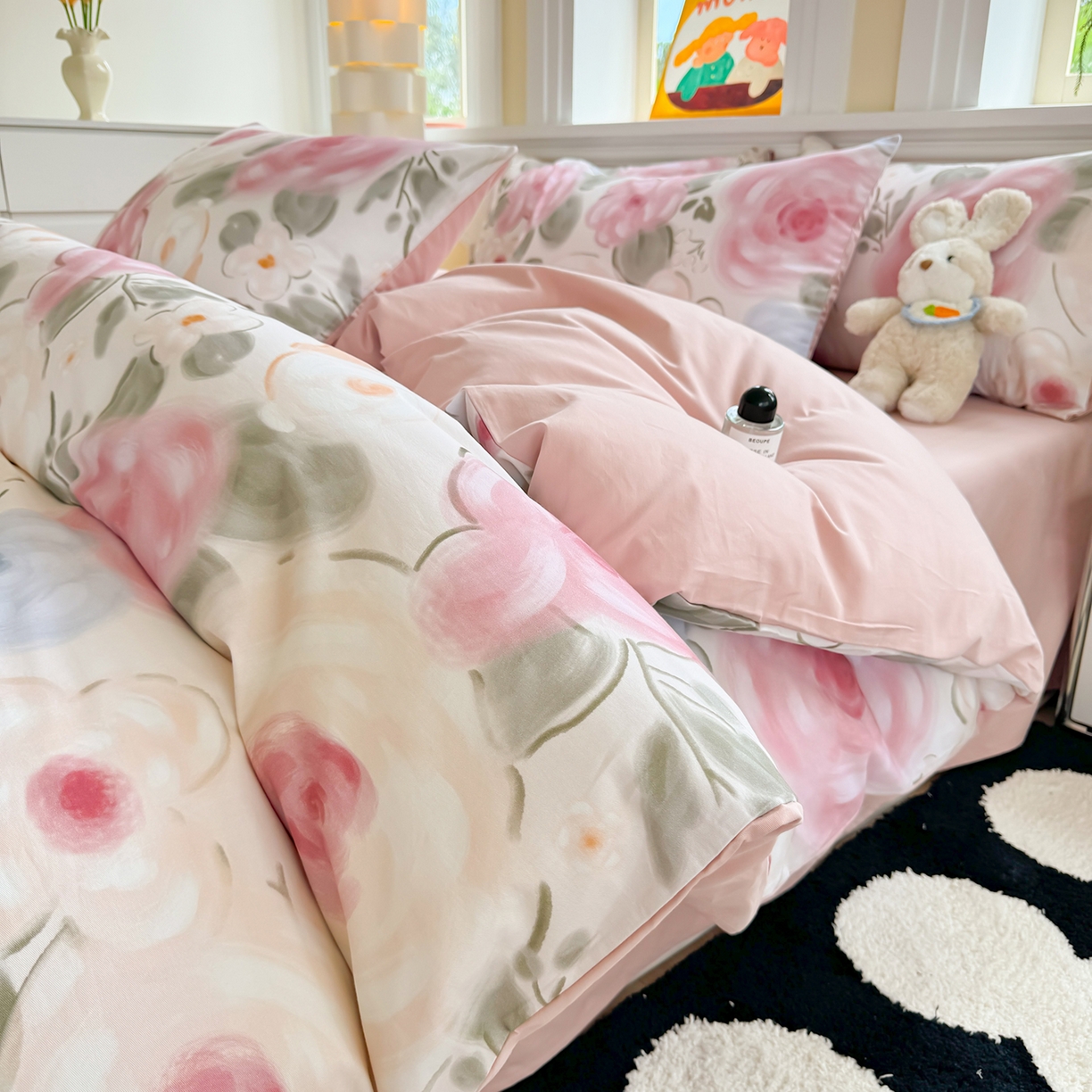 91家纺网 家纺一手货源 找家纺 千朵 2025新款全棉磨毛印花四件套 桃汐粉