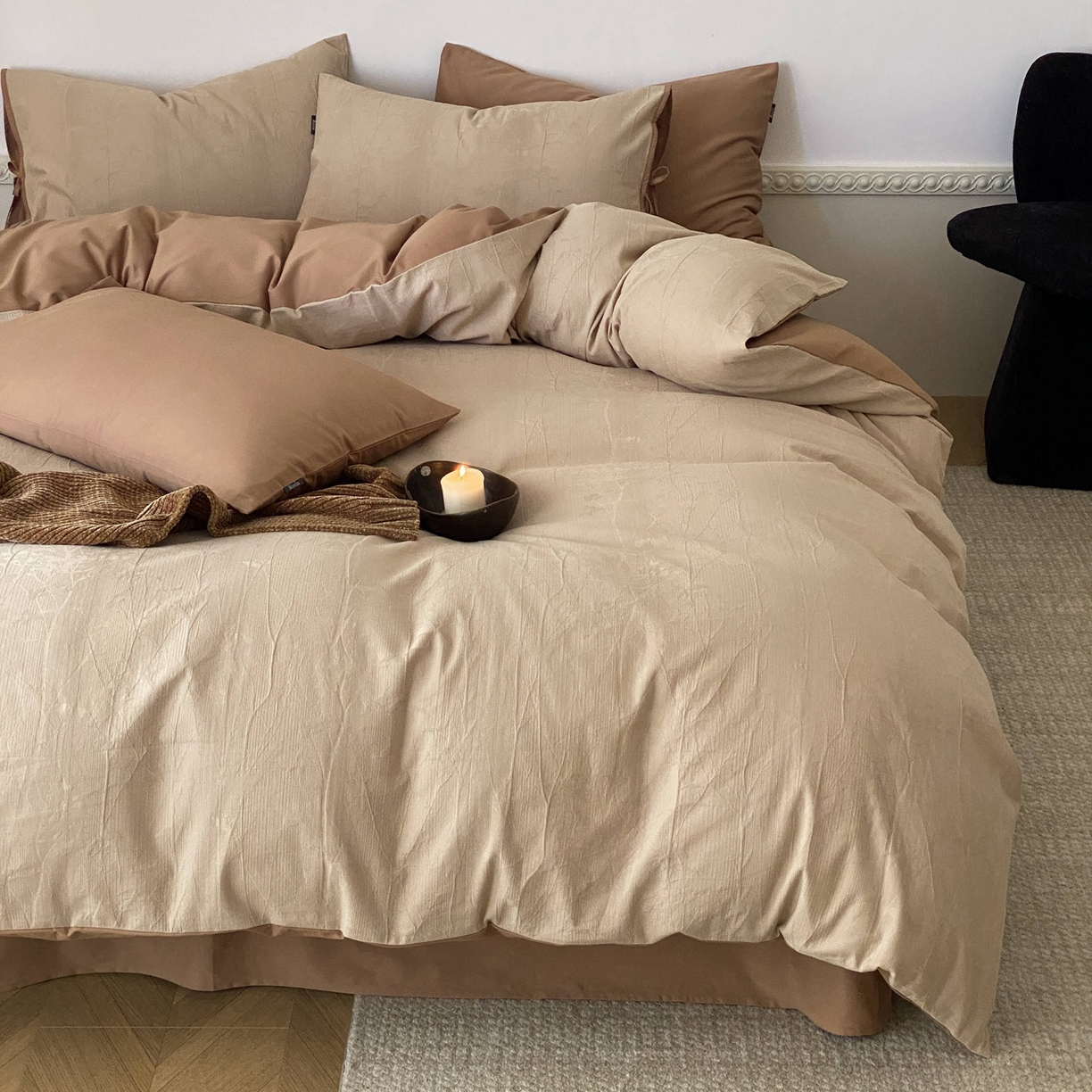 91家纺网 家纺一手货源 找家纺 玉宇阁家居 2025秋冬新品60s色织全棉磨毛大提花四件套-绑带款 绑带款-缃叶棕