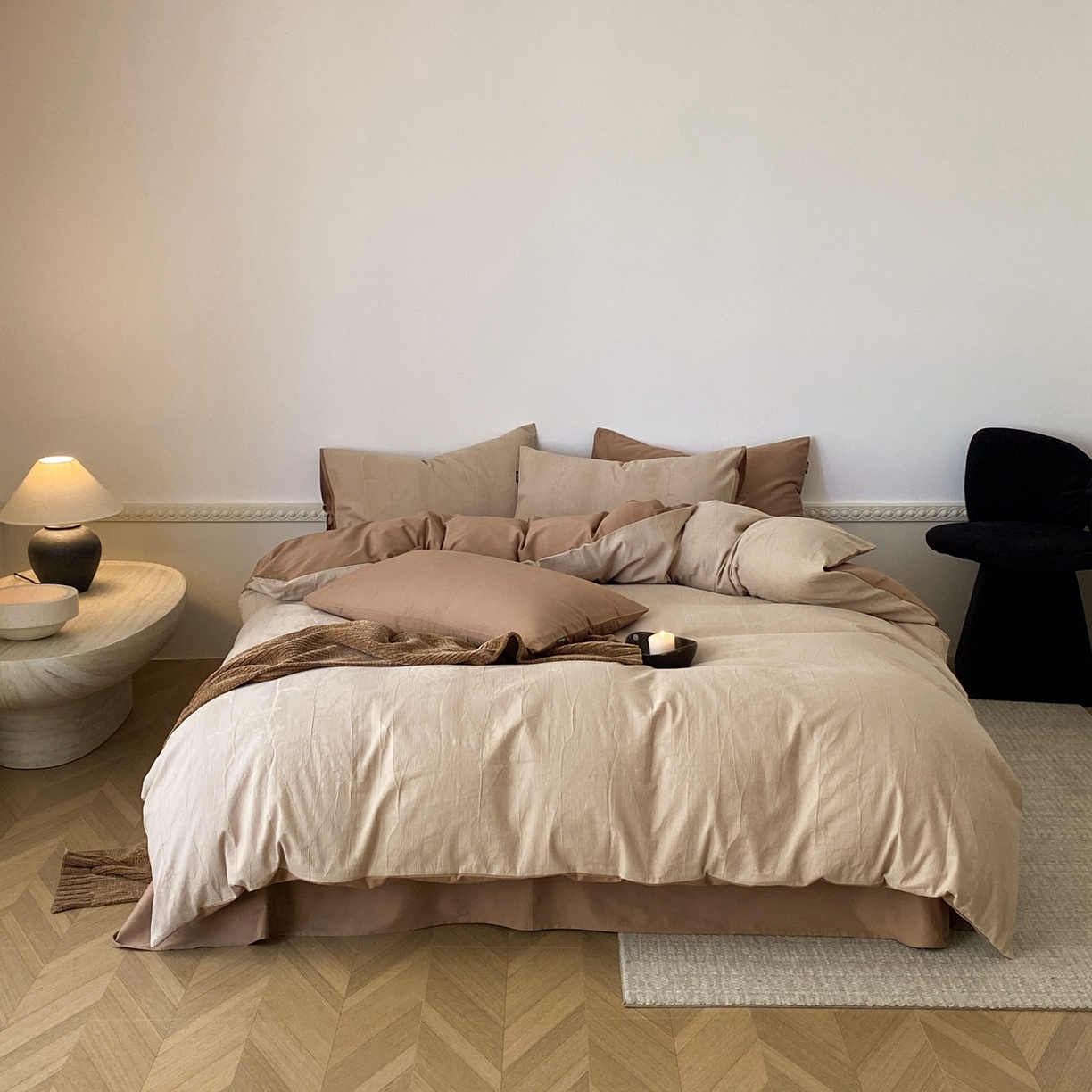 91家纺网 家纺一手货源 找家纺 玉宇阁家居 2025秋冬新品60s色织全棉磨毛大提花四件套-绑带款 绑带款-缃叶棕