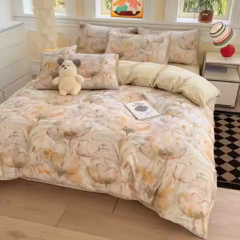 91家纺网 家纺一手货源 找家纺 千朵 2025新款全棉磨毛印花四件套 香兰黄