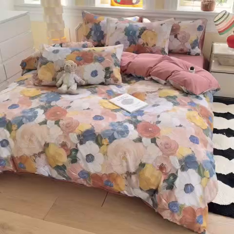 91家纺网 家纺一手货源 找家纺 千朵 2025新款全棉磨毛印花四件套 晓春集