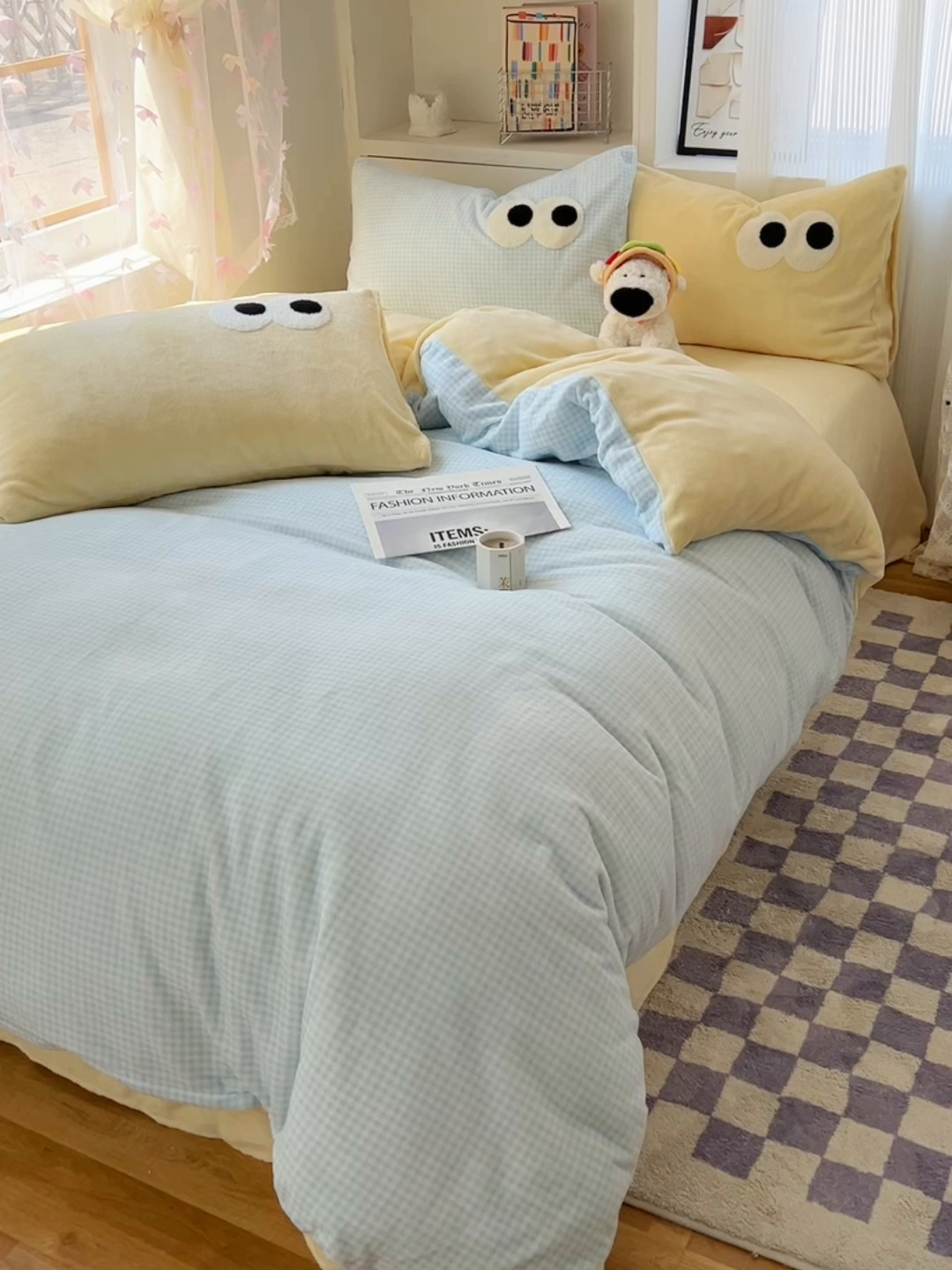 91家纺网 家纺一手货源 找家纺 （总）桃子家居 2025新款A类ins加厚毛巾绣大眼萌混搭撞色奶油格子牛奶绒系列四件套