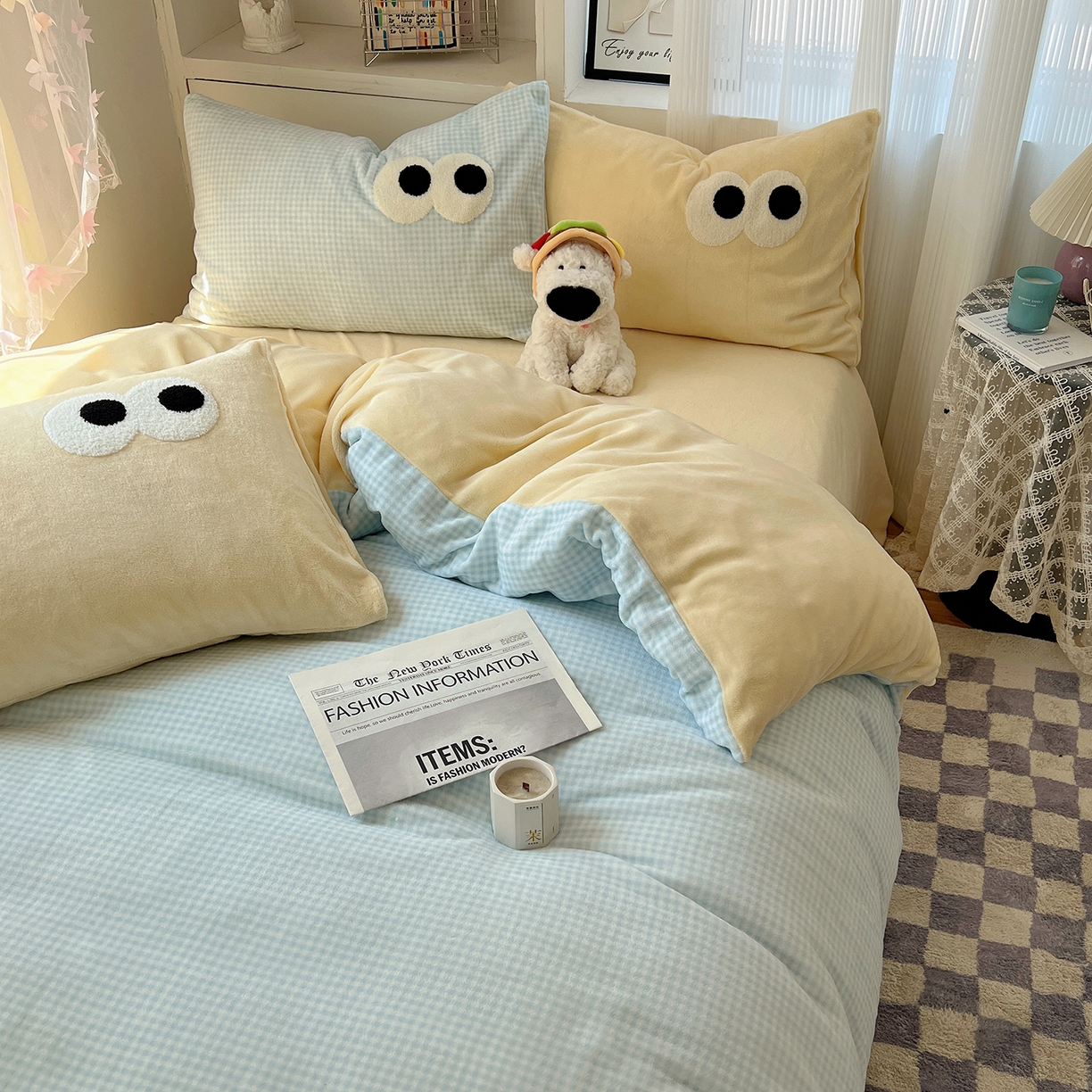 91家纺网 家纺一手货源 找家纺 （总）桃子家居 2025新款A类ins加厚毛巾绣大眼萌混搭撞色奶油格子牛奶绒系列四件套