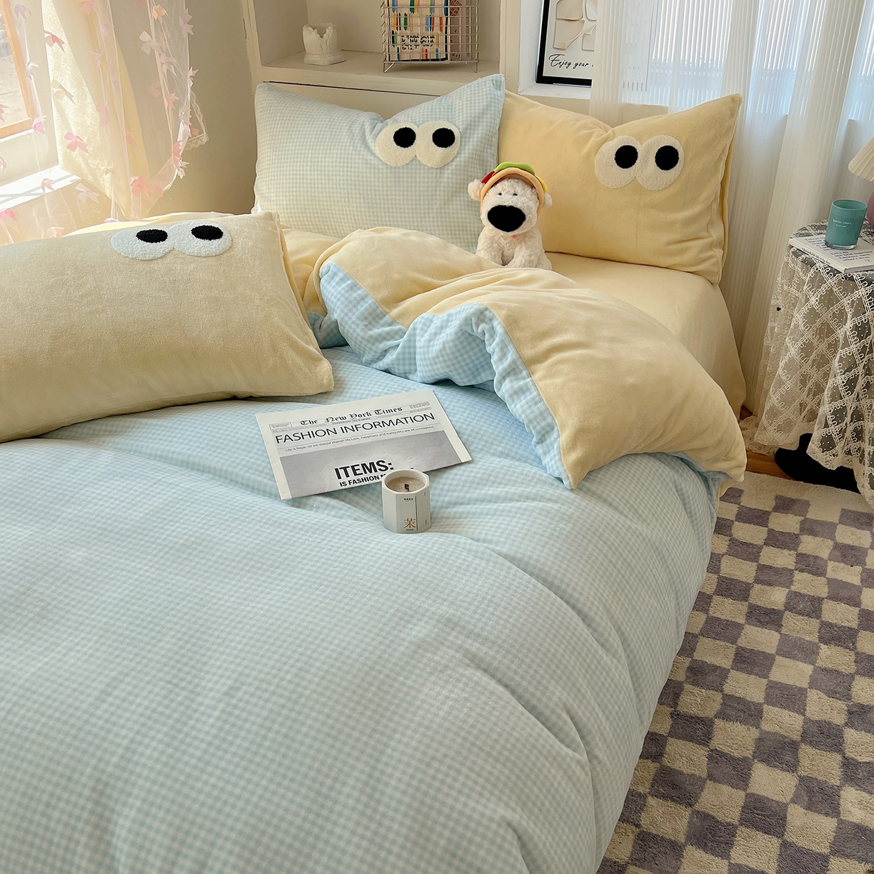 91家纺网 家纺一手货源 找家纺 （总）桃子家居 2025新款A类ins加厚毛巾绣大眼萌混搭撞色奶油格子牛奶绒系列四件套