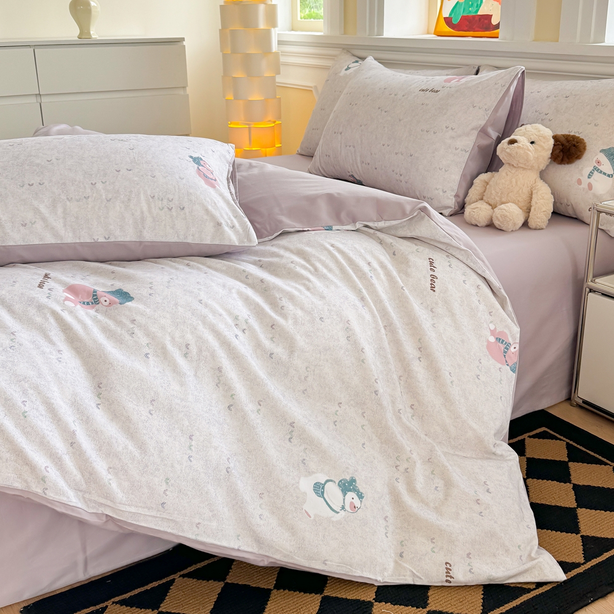 91家纺网 家纺一手货源 找家纺 千朵 2025新款全棉磨毛印花四件套 幸福熊