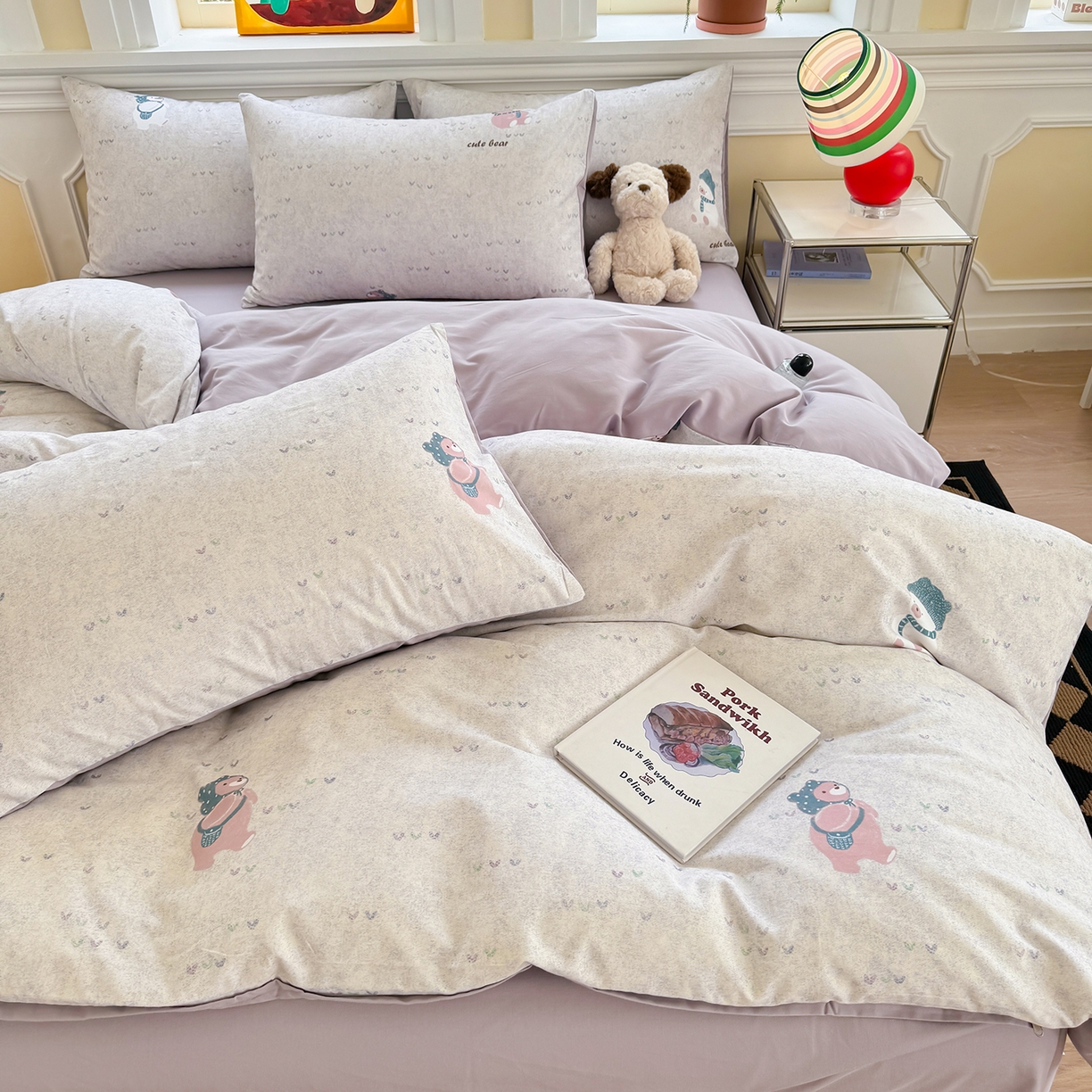 91家纺网 家纺一手货源 找家纺 千朵 2025新款全棉磨毛印花四件套 幸福熊