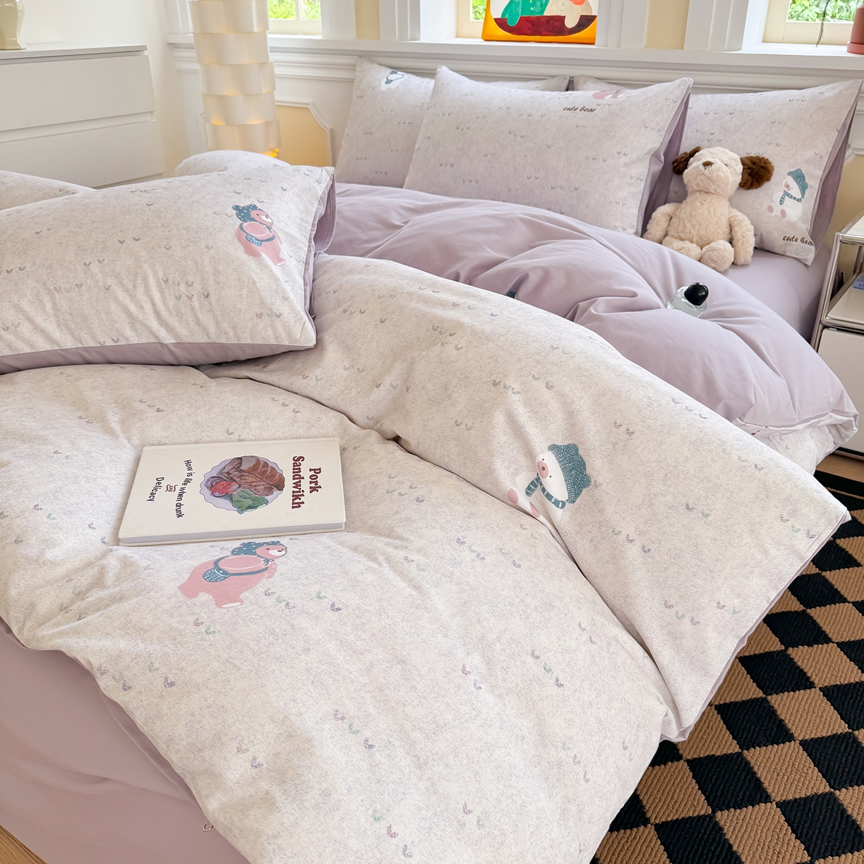 91家纺网 家纺一手货源 找家纺 千朵 2025新款全棉磨毛印花四件套 幸福熊