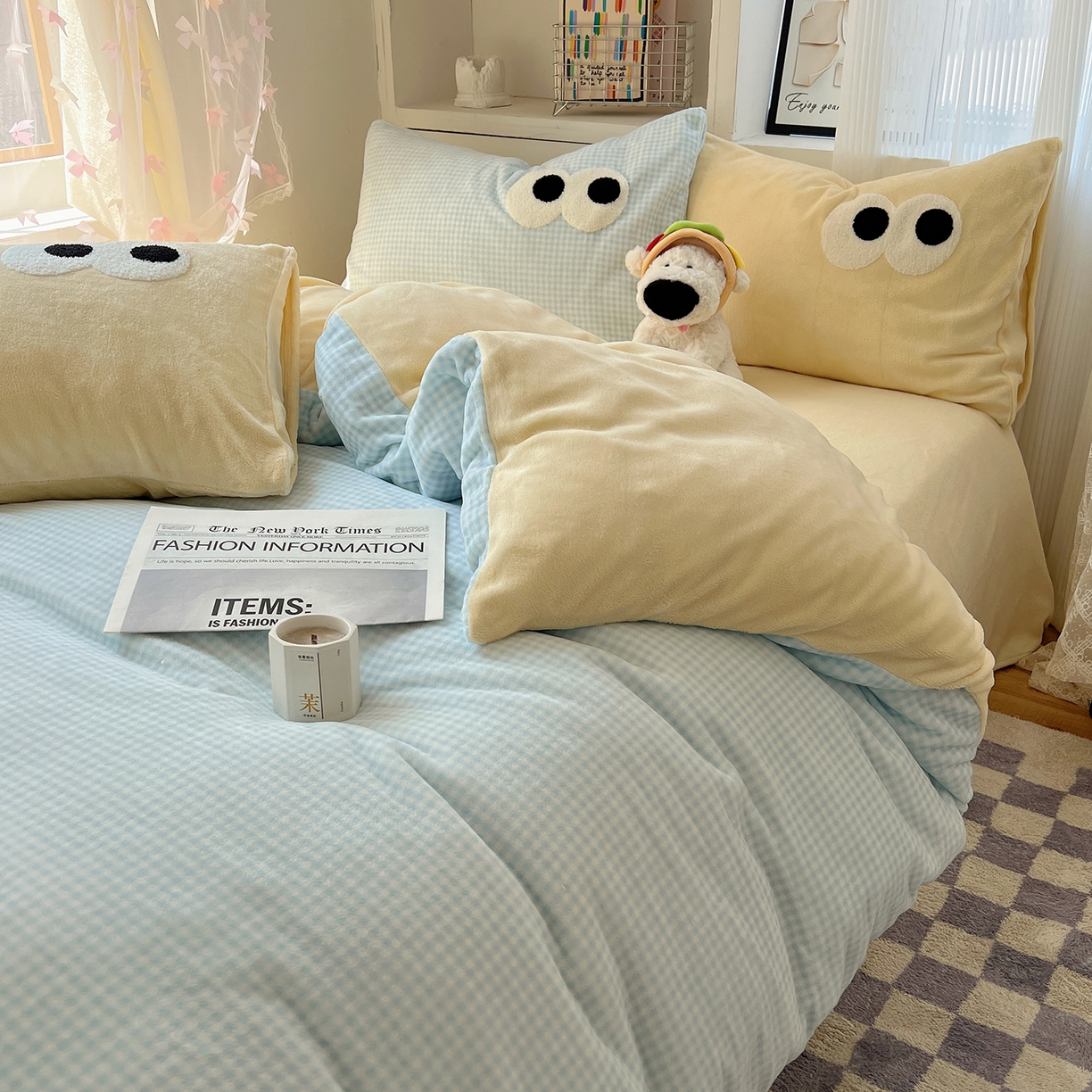 91家纺网 家纺一手货源 找家纺 （总）桃子家居 2025新款A类ins加厚毛巾绣大眼萌混搭撞色奶油格子牛奶绒系列四件套