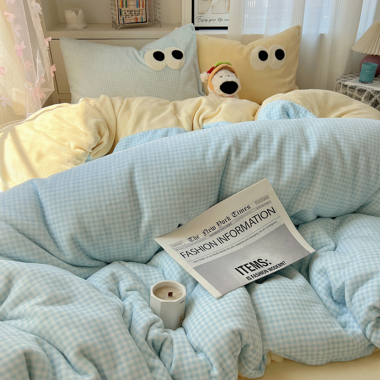 91家纺网 家纺一手货源 找家纺 （总）桃子家居 2025新款A类ins加厚毛巾绣大眼萌混搭撞色奶油格子牛奶绒系列四件套