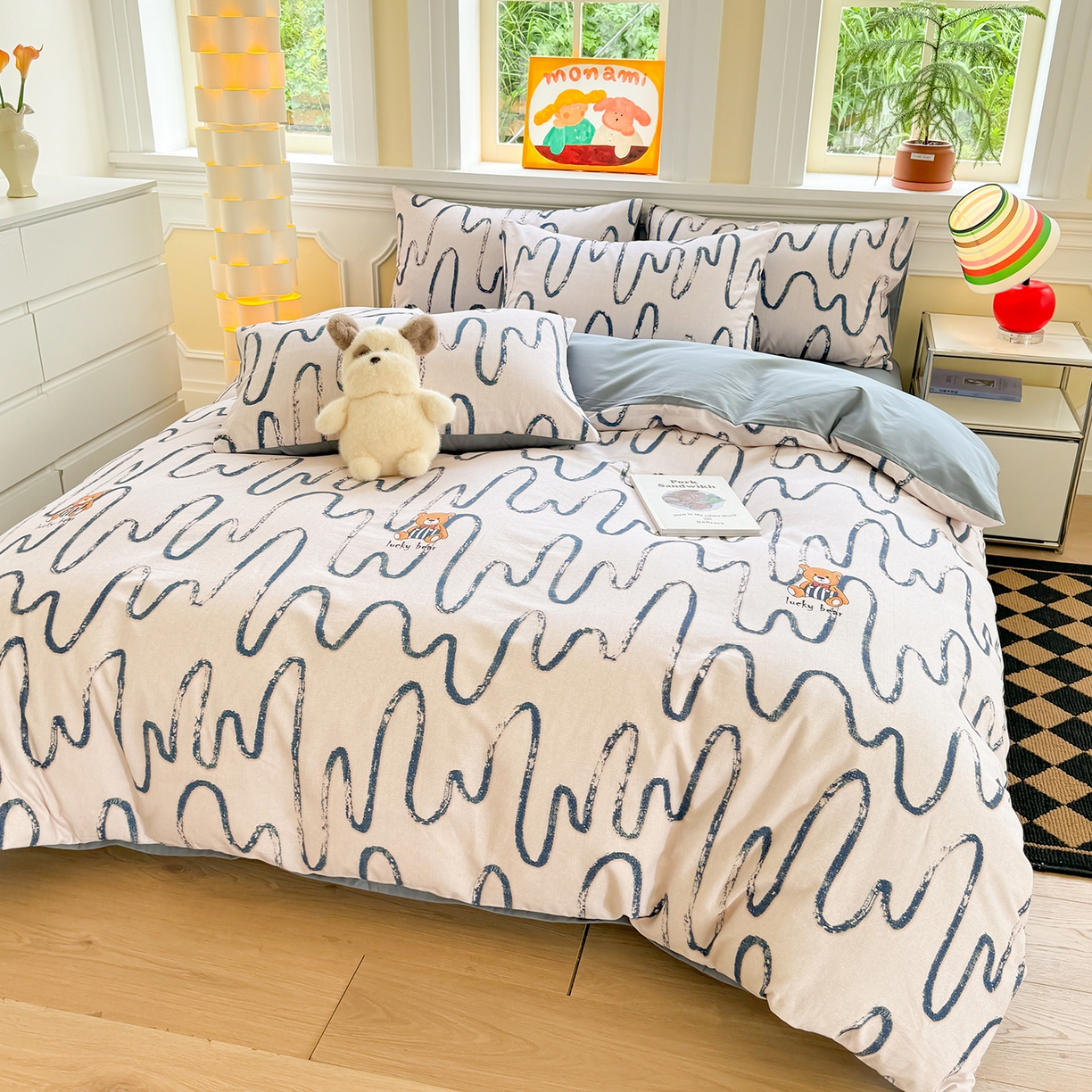 91家纺网 家纺一手货源 找家纺 千朵 2025新款全棉磨毛印花四件套 幸运熊蓝