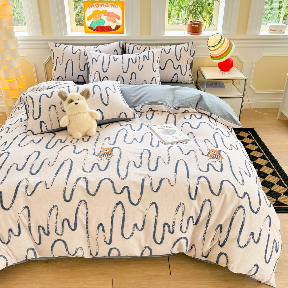 91家纺网 家纺一手货源 找家纺 千朵 2025新款全棉磨毛印花四件套 幸运熊蓝